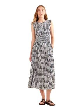 Boden Thea Tulip Print Sleeveless Midi Dress Size‎ 16-18 US Navy White Jersey